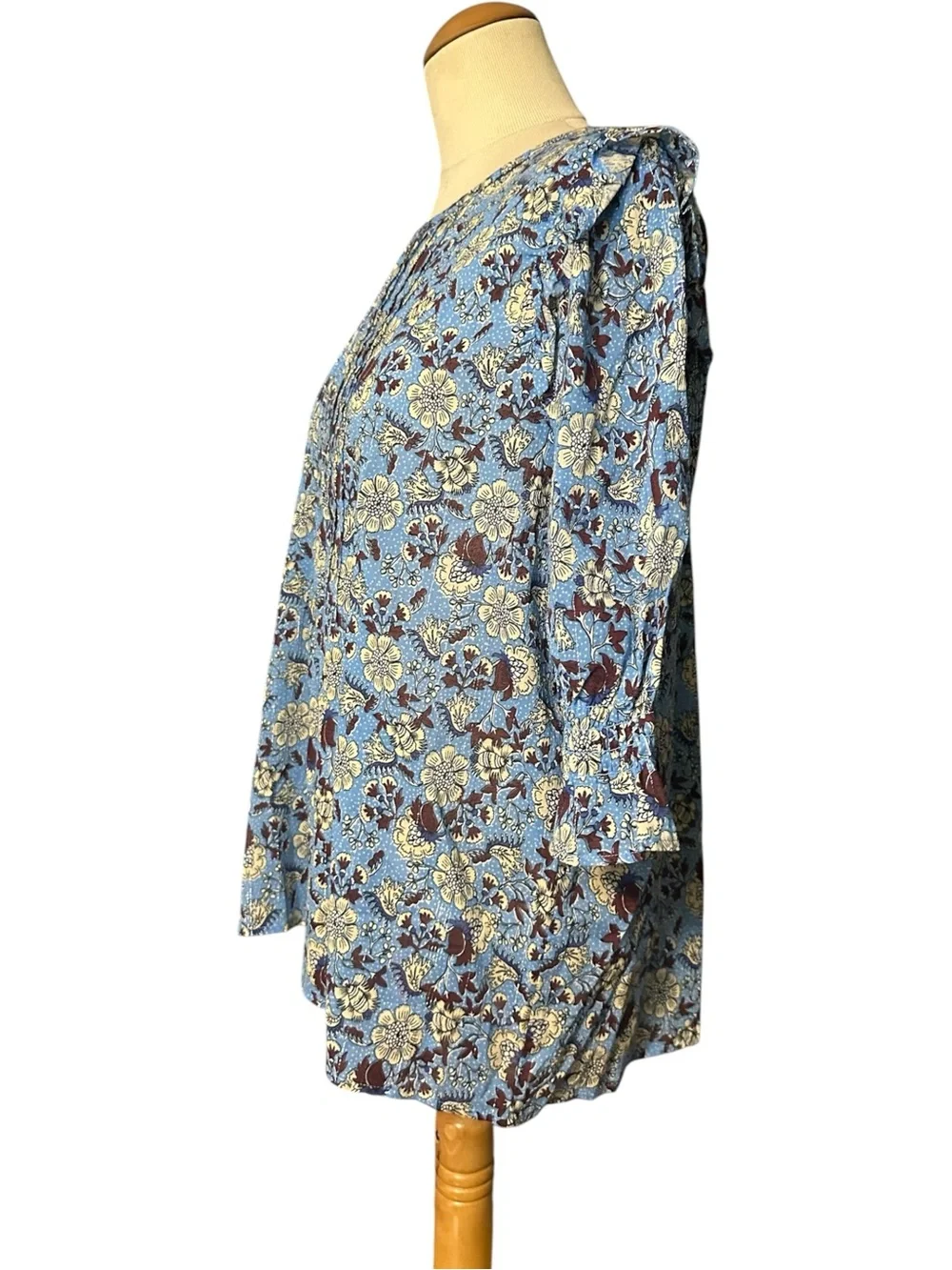 Loft Shimmer Floral Pintuck Puff Sleeve Blouse NWT Blue Size L